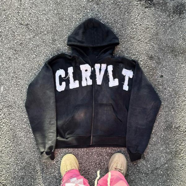 Custom Applique Embroidery Logo Distressed Unisex Hoodies Heavyweight Oversized Pullover Sun Faded Zip up Acid Wash Hoodie