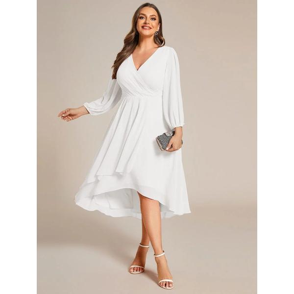 Elegant Empire Long Sleeve V-neck High Low A-line Ruffled Midi White Chiffon Wedding Guest Graduation Dress