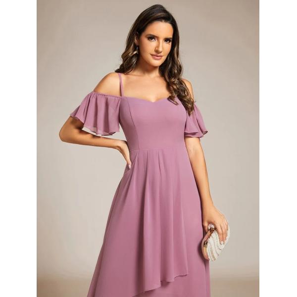 Empire Off-shoulder Spaghetti Strap Zipper High-low Wedding Guest Short Sleeves Purple Orchid Chiffon Homecoming Dress