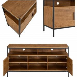Metal Frame TV Console Cabinet Brown Rustic Oak TV Stand With Two Doors