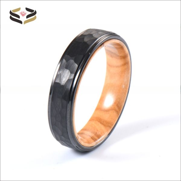 6mm Hammered Black Tungsten Carbide Ring with Olive Wood Liner A Perfect Combination of Style and Durability