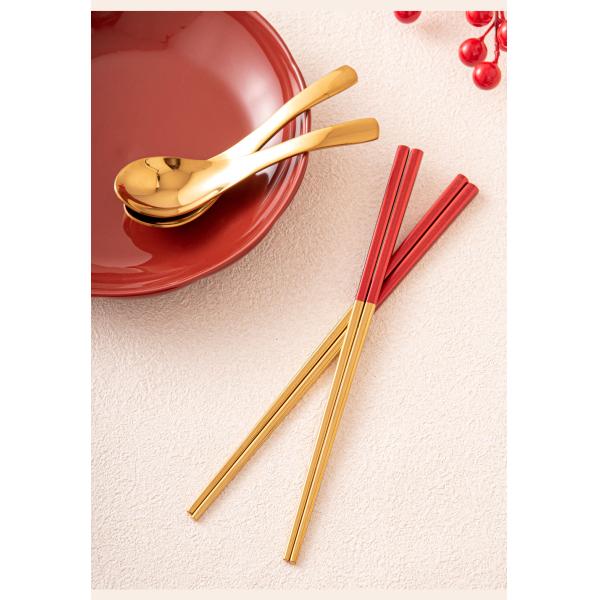 Party Essential Stainless Steel Gold Spoon Set With Red Chopsticks Chinese Style