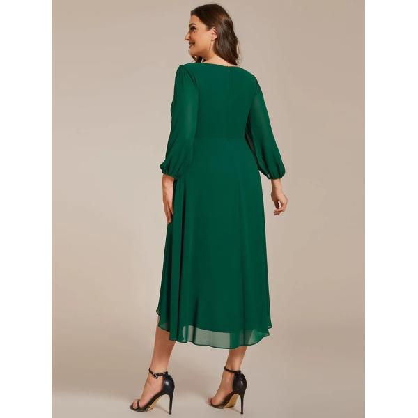 Elegant Empire Long Sleeve V-neck High Low A-line Ruffled Midi Dark Green Chiffon Wedding Guest Evening Dress