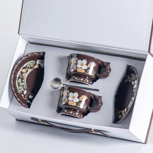 Eco Friendly Drinkware Ceramic Tea Cup Set Gift Box With Brown Porcelain Flower