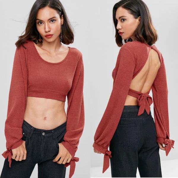 Buy Open Back Knotted Cut Out Long Sleeve Knit Top Women at wholesale prices