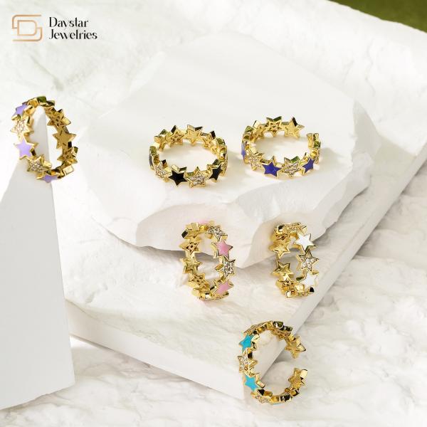 Women Gold Plated Jewellery Enamel Heart Ring Diamond Zircon Adjustable