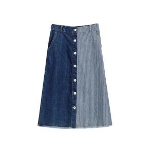 China CF Buttons Ladies Dress Skirt Contrast Stripe Denim 100% Cotton Mid Length on sale