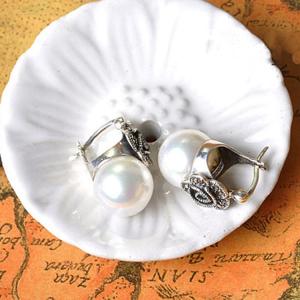 Vintage Silver Marcasite Drop Earrings with White Simulated Shell Pearl (E12141)