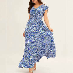 Custom Floral Printed V-Neck Ruffle Sleeve Maxi Dresses for Ladies