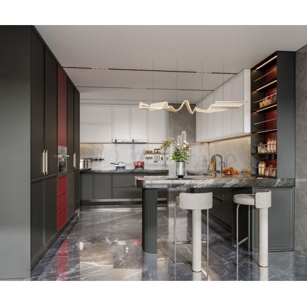 Fadior Modern Stainless Steel Kitchen Cabinet with Blush Red Accent And Extended Sinstered Stone Island