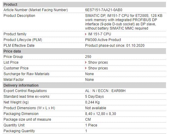 6ES7151-7AA21-0AB0 6ES7 151-7AA21-0AB0 Siemens CPU Module