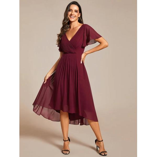 Chic V-neck High-low Short Flutter Sleeves A-line Ruffles Midi Invisible Zipper Burgundy Chiffon Prom Dress