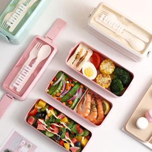 Wheat Straw Rectangle 3 Layer Multi Compartment Lunch Box With Fork And Spoon