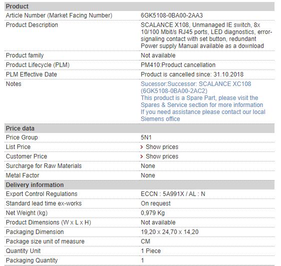 6GK5108-0BA00-2AA3 6GK5 108-0BA00-2AA3 Siemens Power Supply