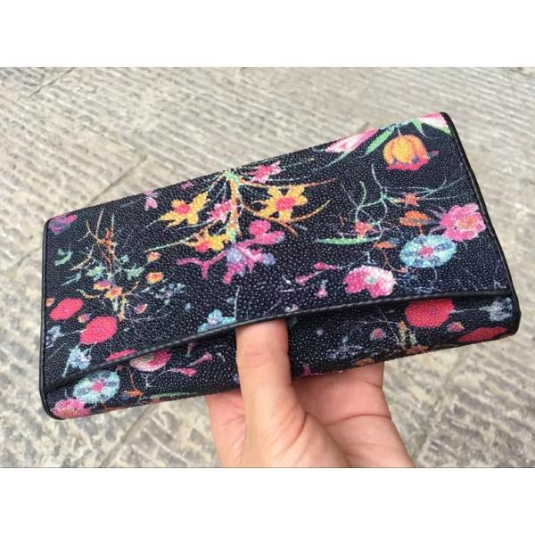 Authentic Stingray Skin Female Long Flower Trifold Wallet Genuine Leather Lady Large Clutch Bag Women Floral Coin Purse
