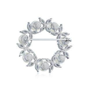 Gold Plated Leaf Circle White Pearl Brooch 925 Silver Luxury Brooches For Women
