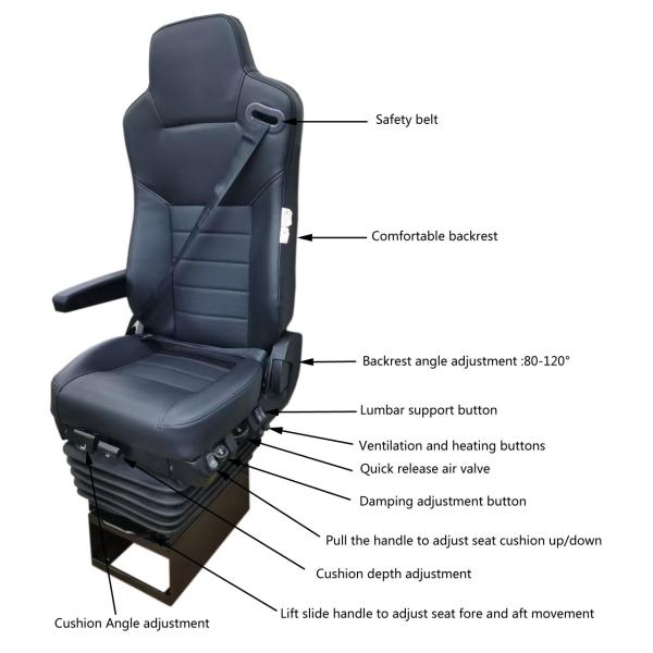 PU Leather Bus Driver Seat Black Air Suspension Seat A800 Luxury Adjustable