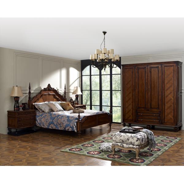 Antique American style solid wood bed, night stands, wardrobe and leisure chair in bedroom