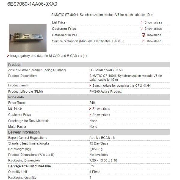 6ES7960-1AA06-0XA0 Siemens One Year Warranty Brand New