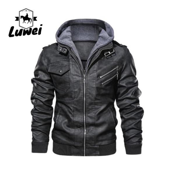 Custom Sport Windbreaker Hooded Utility Water Proof Outwear Motorcycle Parka Pu Faux Leather Jacket for Male