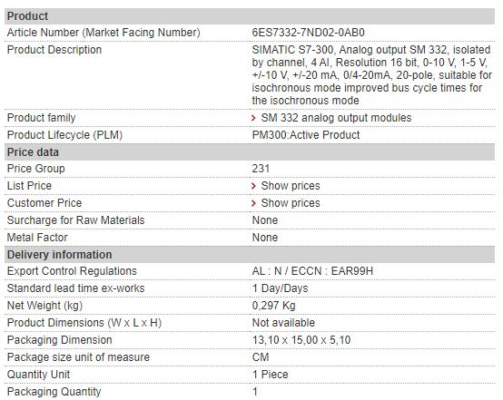 6ES7332-7ND02-0AB0 6ES7 332-7ND02-0AB0 Siemens Analog Output Module