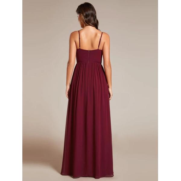 Sexy Maxi V-neck Lotus Leaf Pleating Spaghetti Strap A-line Burgundy Chiffon Bridesmaid Dress