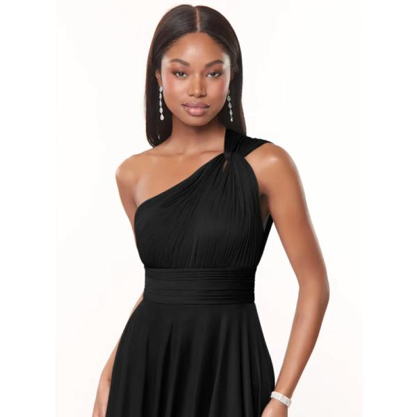 Sexy Plus Size A-Line One-Shoulder Chiffon Floor-Length Bridesmaid Dress Black Sleeveless Back Zipper Pleated