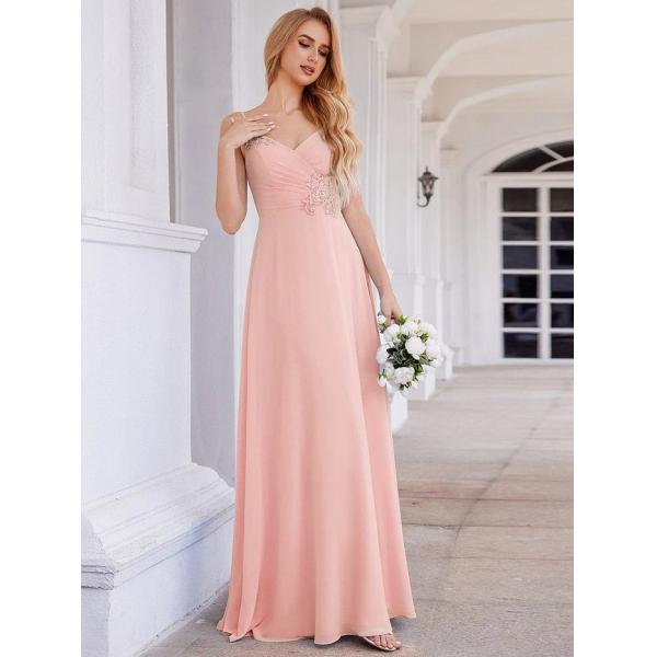 Chic V-neck Pleated Sleeveless Backless A-line Empire Spaghetti Strap Applique Waist Pink Chiffon Prom Dress