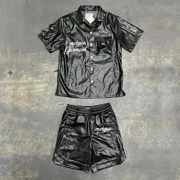 Custom Leather Polo Shirts Shorts 2 Piece Set Sweatsuits Button up Polo T Shirt Drawstring Cargo Shorts Pants Tracksuits for Men