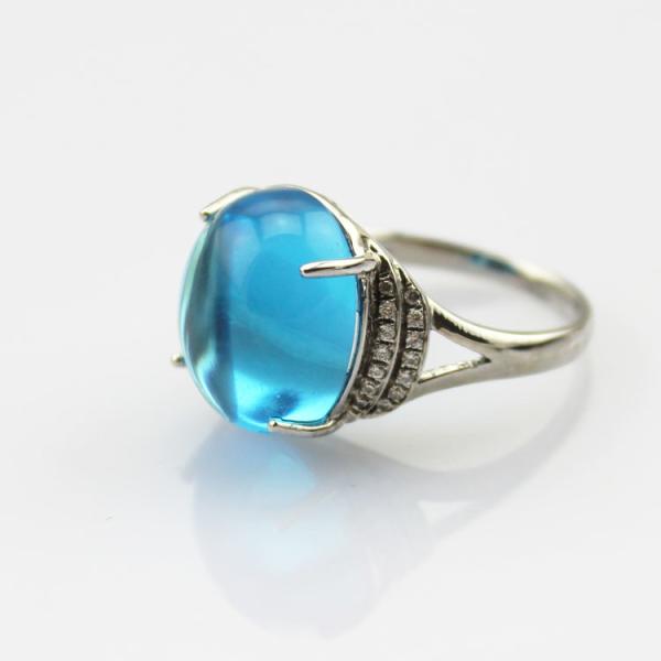 Sterling Silver Cubic Zircon Ring 12mm x14mm Oval Dome Cut Blue Topaz Ring (R149)