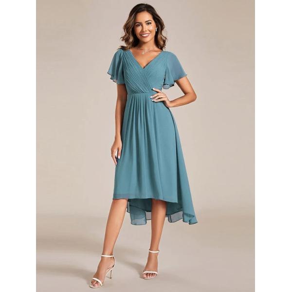 Chic V-neck High-low Short Flutter Sleeves A-line Ruffles Midi Invisible Zipper Dusty Blue Chiffon Guest Cocktail Dress
