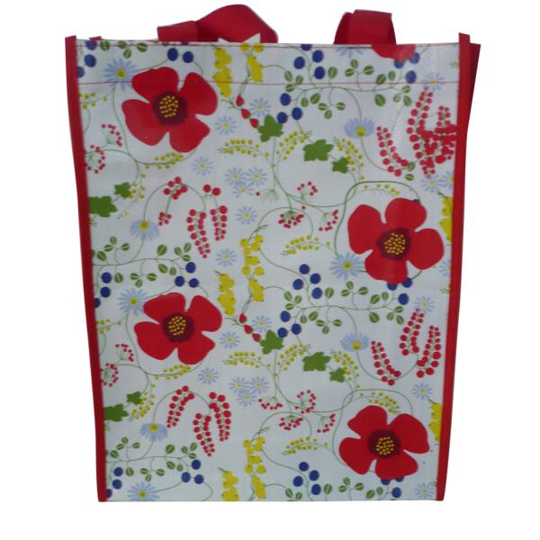 Waterproof 140g Red Flower Shining PP Shopping Bag With Nylon Handle, Customized