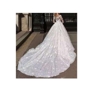 Flower Lace Long Tail Wedding Dress / Elegant Satin Wedding Gowns