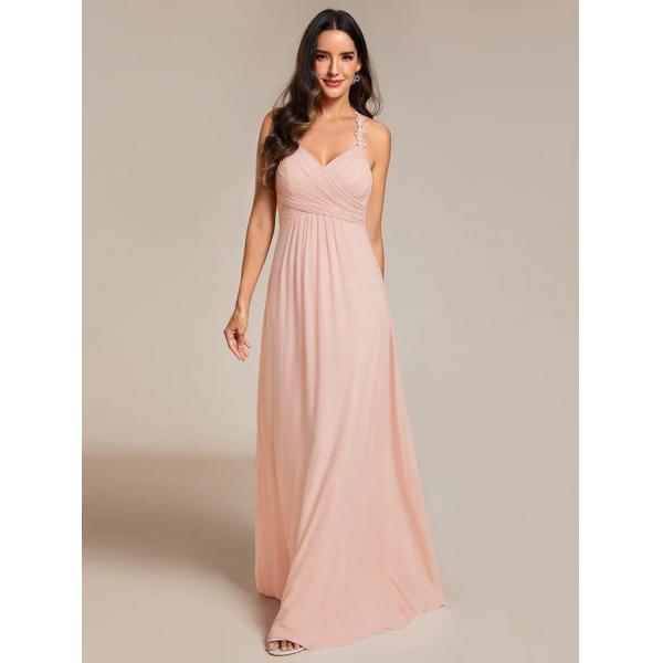 Empire A-line Backless Floral Halter Neck V-neck Pleated Cut-out Back Zipper Pink Chiffon Evening Dress