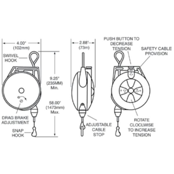 Hose reel Spring Retractable Tool Balancer, 6' feet, Holds 1.5-3.0 lbs, Cable Included reels