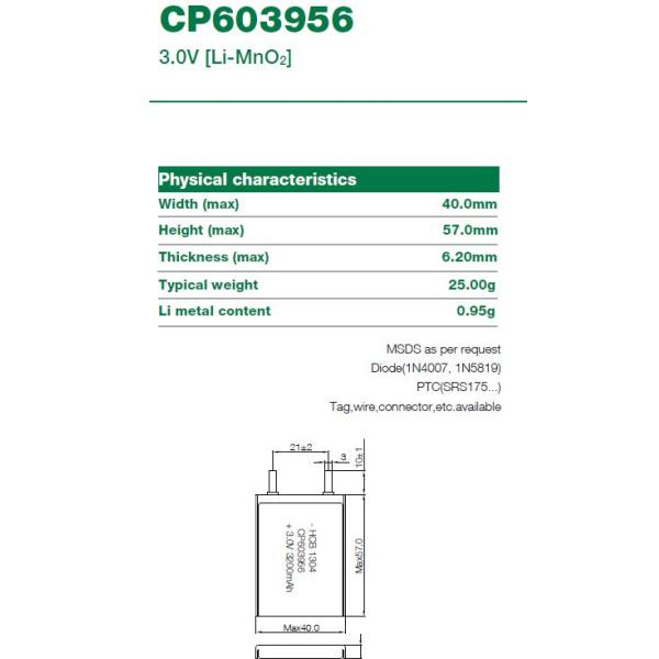 6.2mm Li MnO2 CP603956 3200mAh 450Wh/Kg Lithium Pouch Battery