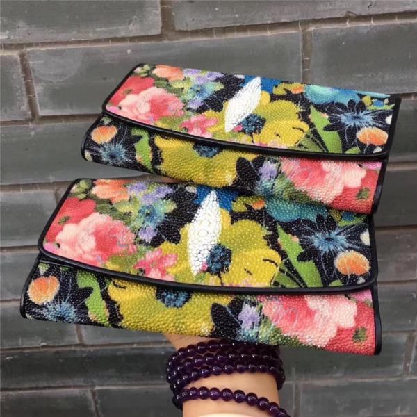 Authentic Stingray Skin Female Long Flower Trifold Wallet Genuine Leather Lady Large Clutch Bag Women Floral Coin Purse