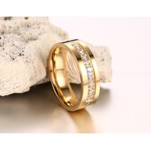 6mm Wedding Stainless Steel Rings with CZ Stone Inlay Gold Plated Flat Edges
