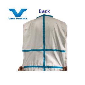 Customized White Disposable Micro Film Coverall Blue Tape Request with