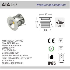 D30xH25mm AC/DC12V LED 1W 120degree interior LED spot light/led cabinet light