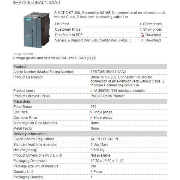 6ES7365-0BA01-0AA0 6ES7 365-0BA01-0AA0 Siemens Interface Module