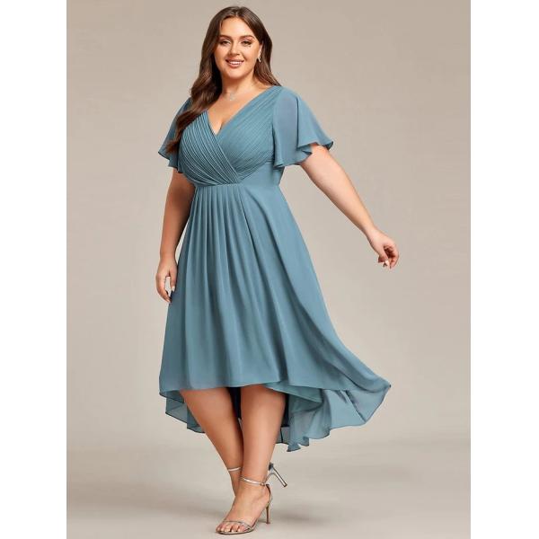 Empire Plus Size V-neck High-low A-line Short Sleeve Ruffled Dusty Blue Chiffon Wedding Guest Cocktail Dress