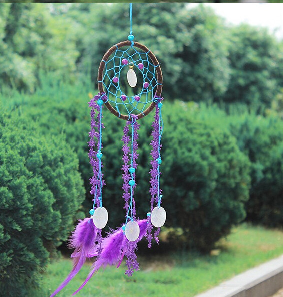 Circular Purple Handmade Dream Catcher Net With Feathers Wall Hanging Decoration