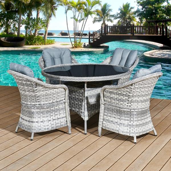 Outdoor Furniture Set with Round Dining Table AJUNION 4 Seat Weatherproof Weave Rattan