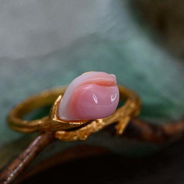 Women Sterling Silver Natural Pink Shell Tulip Gold Plated Ring Open Adjustable Size (058736)