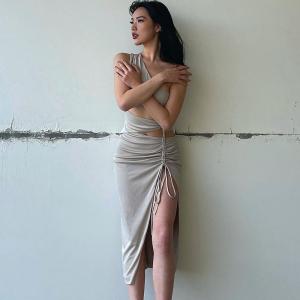 Drawstring Womens Party Maxi Dresses Stitching Slanting Shoulder Navel High Fork