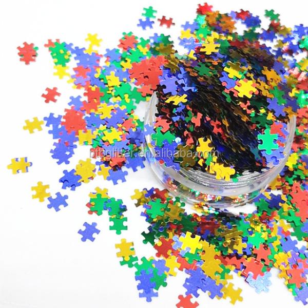 Die Cutting Printing PET Puzzle Glitter Shape for Eye-Catching Puzzle Designs in Red Blue Yellow Green Mix