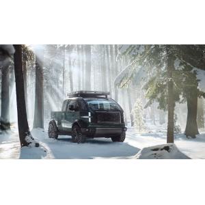 A purpose-built trcuk Canoo pickup w 8 ft bed with ample storage interior