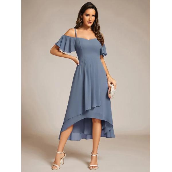 Empire Off-shoulder Spaghetti Strap Zipper High-low Wedding Guest Dresses Short Sleeves Dusty Navy Chiffon Evening Dress