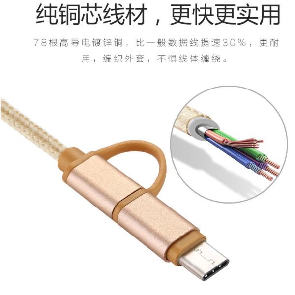 Gold Nylon Braided Fast Charging USB Type C Data Cable For HTC Phone